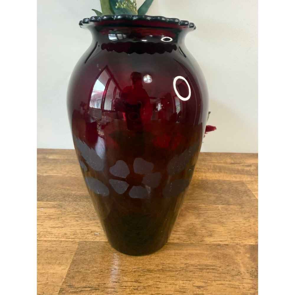Anchor Hocking Royal Ruby Red Vase Vintage Glass Flower Vase Floral Etched Decor